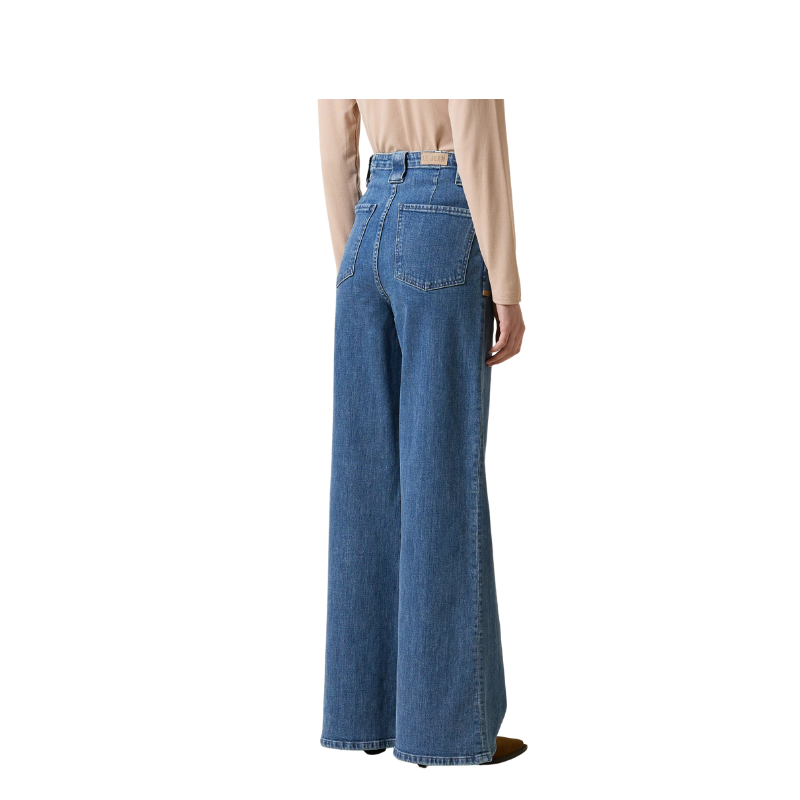 Blue wide-leg jeans worn by a person on a white background