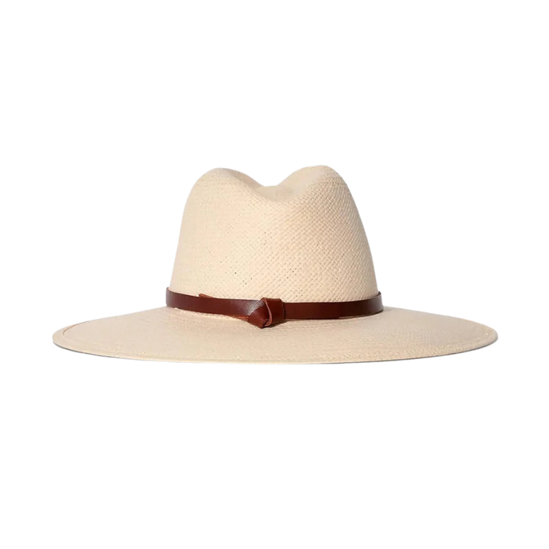 Beige straw hat with a brown band on a white background