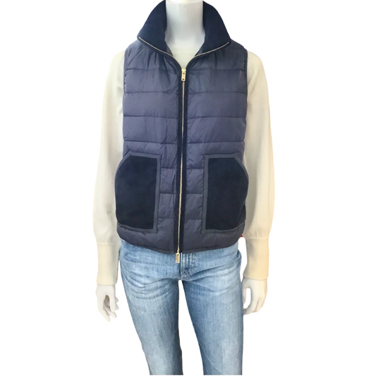 Navy puffer vest on a mannequin with a white background