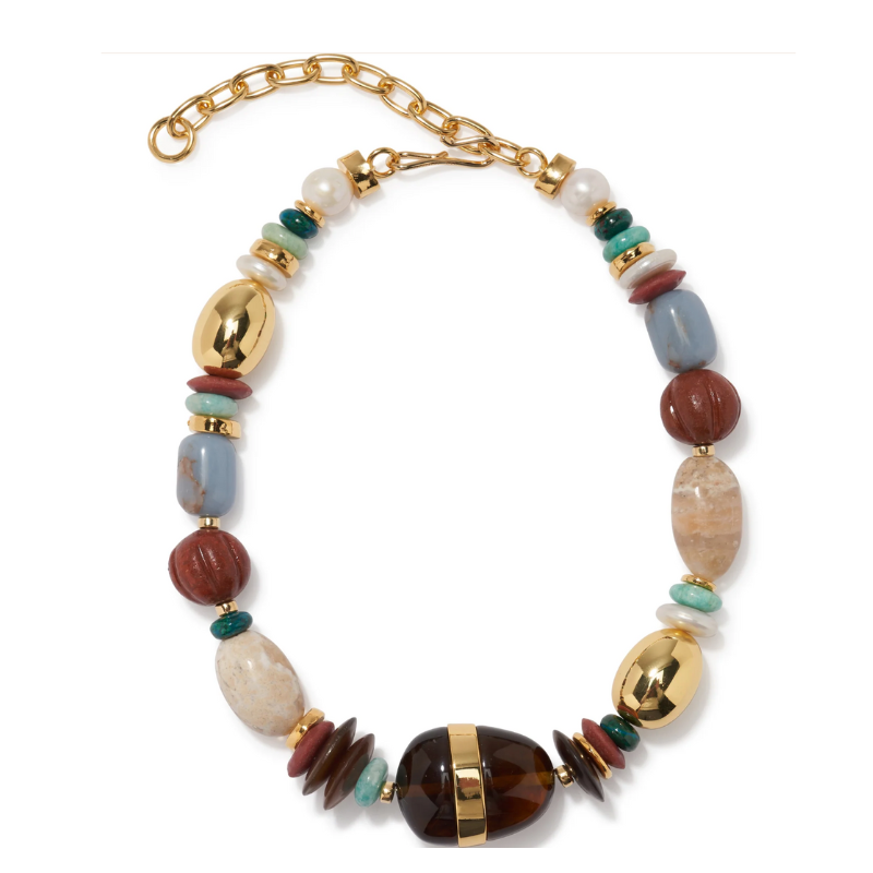 Multicolored beaded necklace with gold accents on a white background