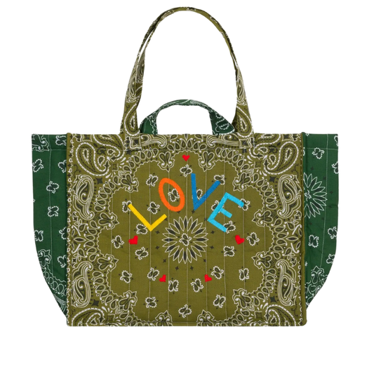 Tote bag with paisley pattern and colorful 'LOVE' text on a white background
