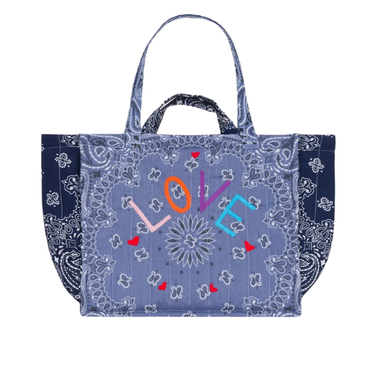 Blue bandana patterned tote bag with colorful 'LOVE' text on a white background