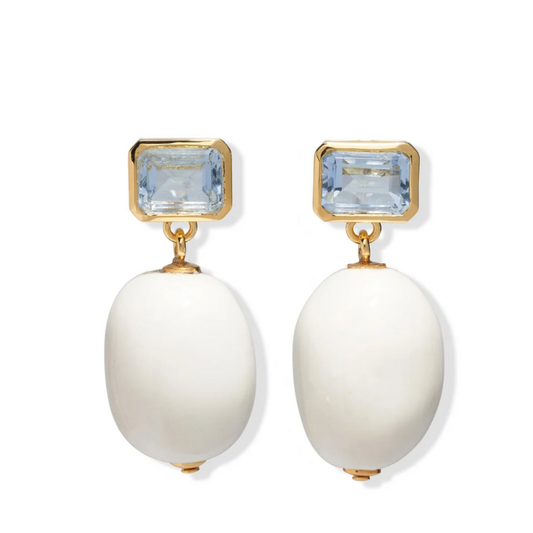 Pair of earrings with white stones and blue gemstones on a white background