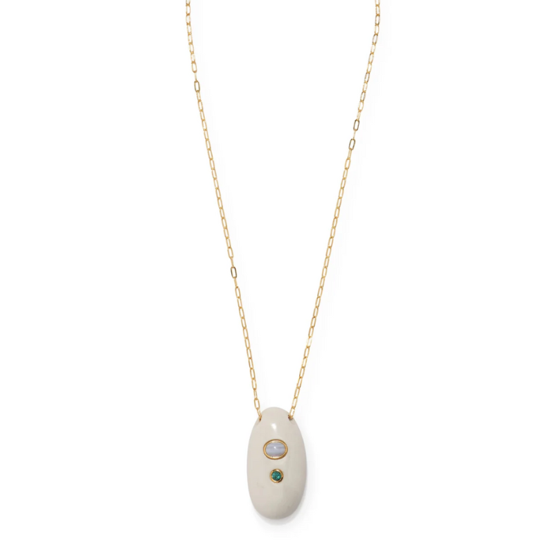 Necklace with a pendant featuring two stones on a white background
