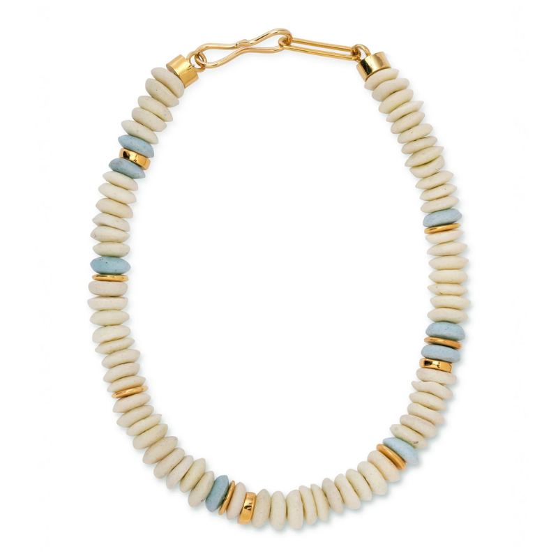 Necklace with beige, blue, and gold beads on a white background