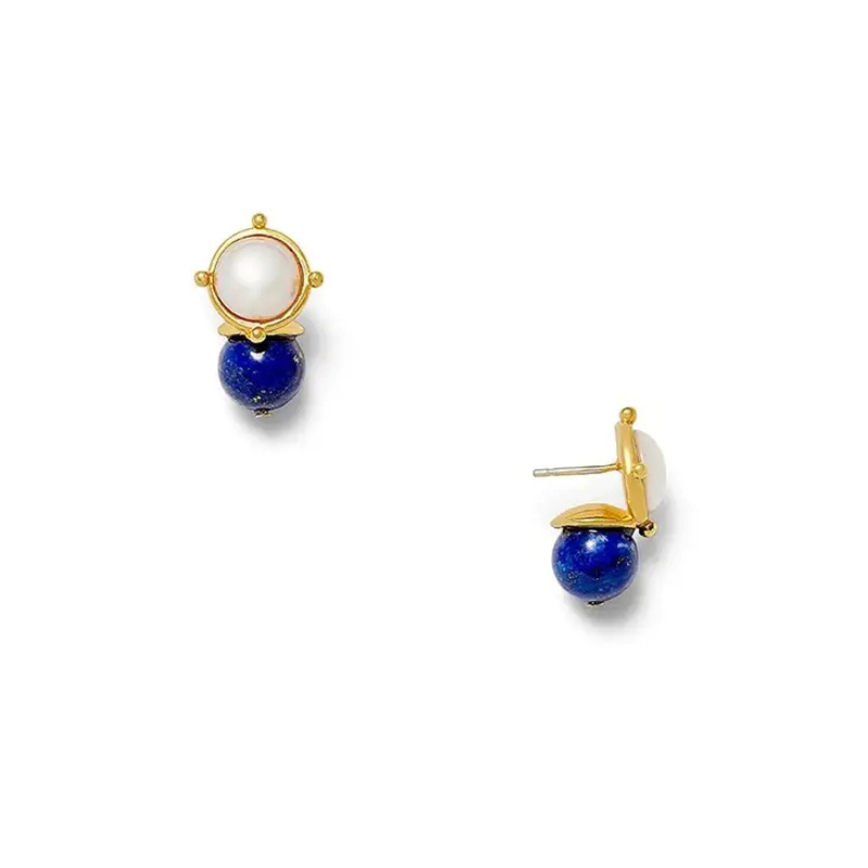 Pair of earrings with gold, pearl, and blue stone design on a white background