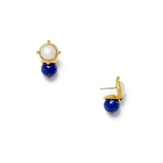 Pair of earrings with gold, pearl, and blue stone design on a white background