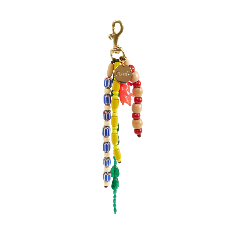 Colorful beaded keychain with a gold clasp on a white background