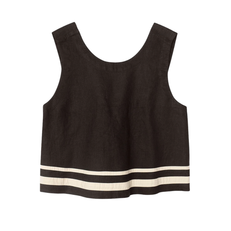 Black sleeveless top with a white stripe on a white background