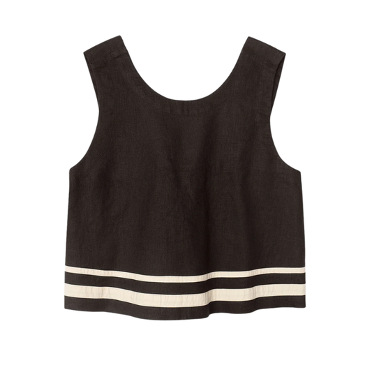 Black sleeveless top with a white stripe on a white background