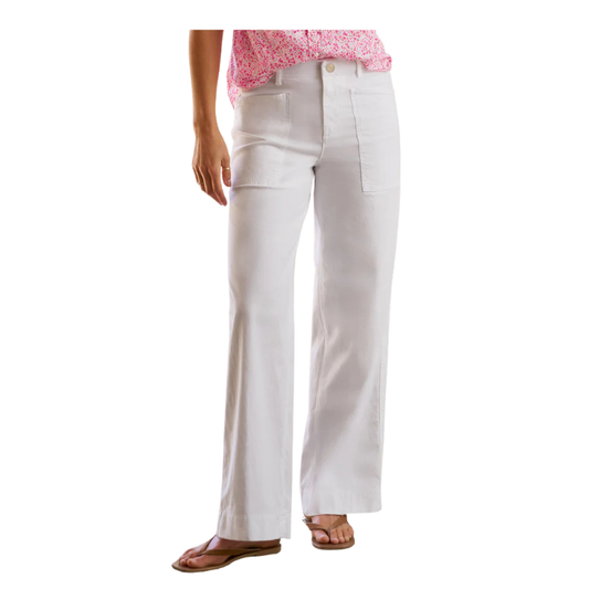 White pants worn by a person on a white background