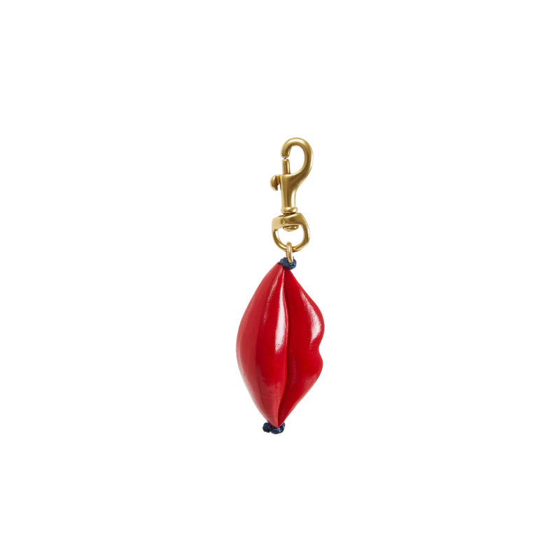 Red keychain with gold clasp on a white background