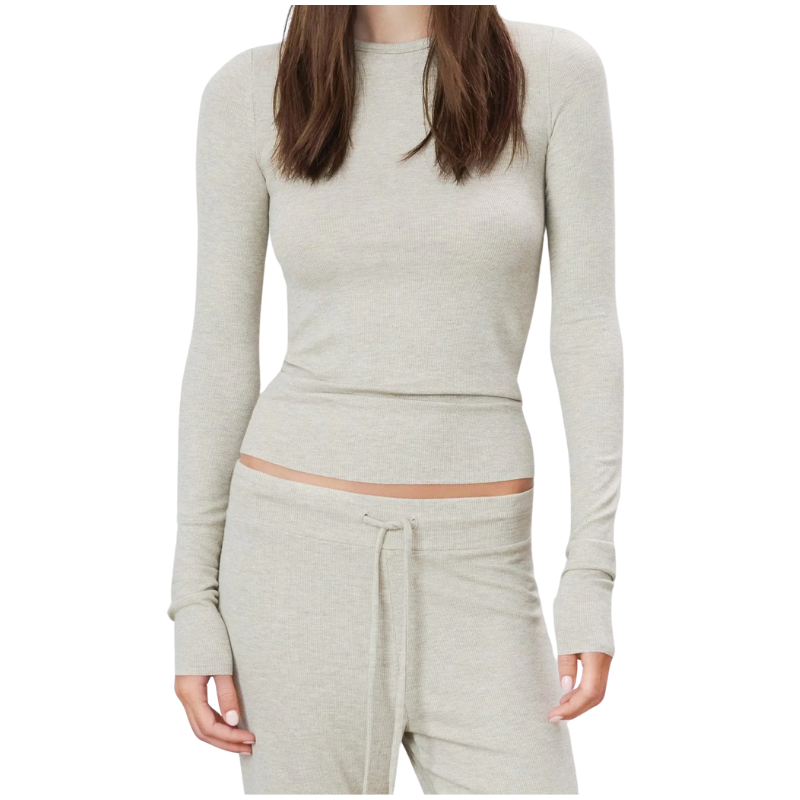 Light gray long-sleeve top and pants set on a white background