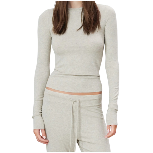 Light gray long-sleeve top and pants set on a white background