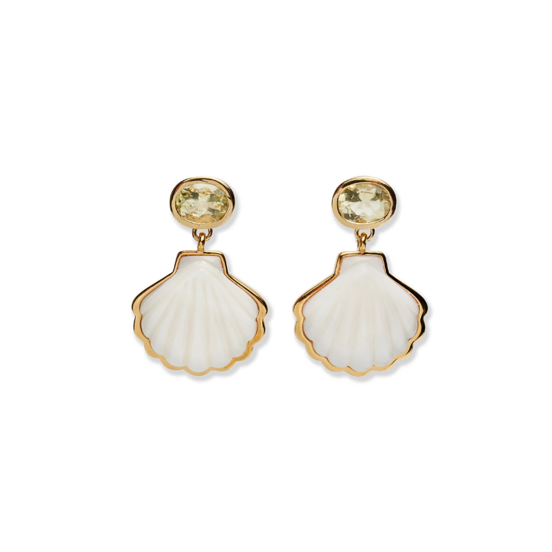 Pair of shell-shaped earrings with gold accents on a white background