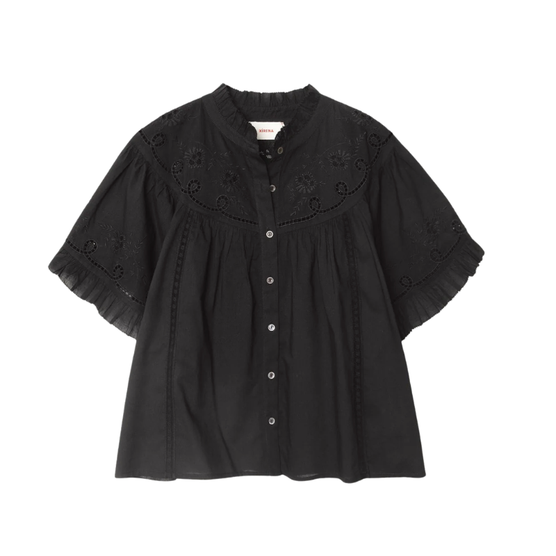 Black blouse with floral embroidery on a white background