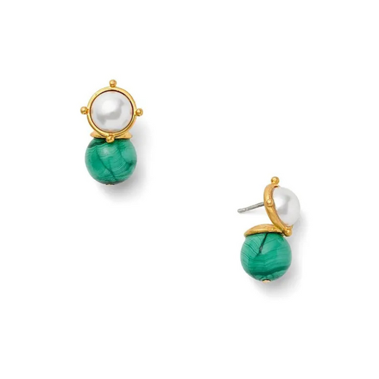 Pair of earrings with green spherical stones and gold accents on a white background