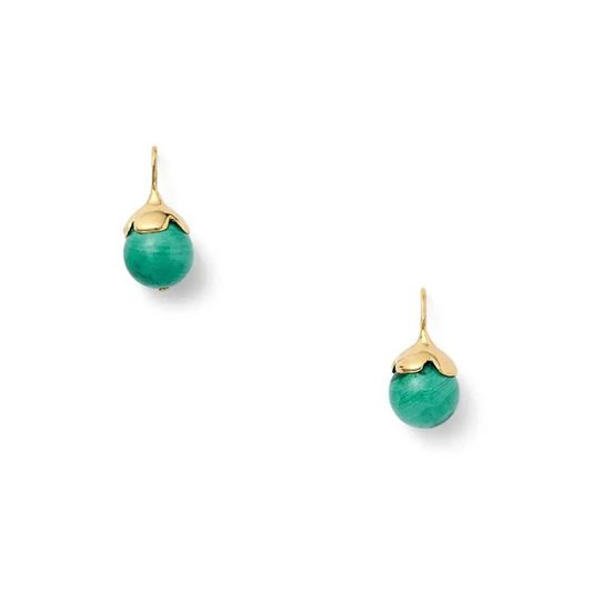 Gold earrings with green gemstones on a white background