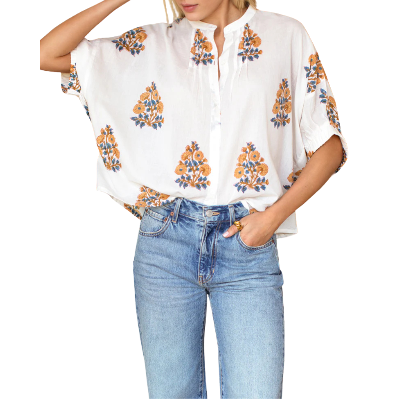 Mandarin Collar Top Tomas Flowers Marigold - BH&CO
