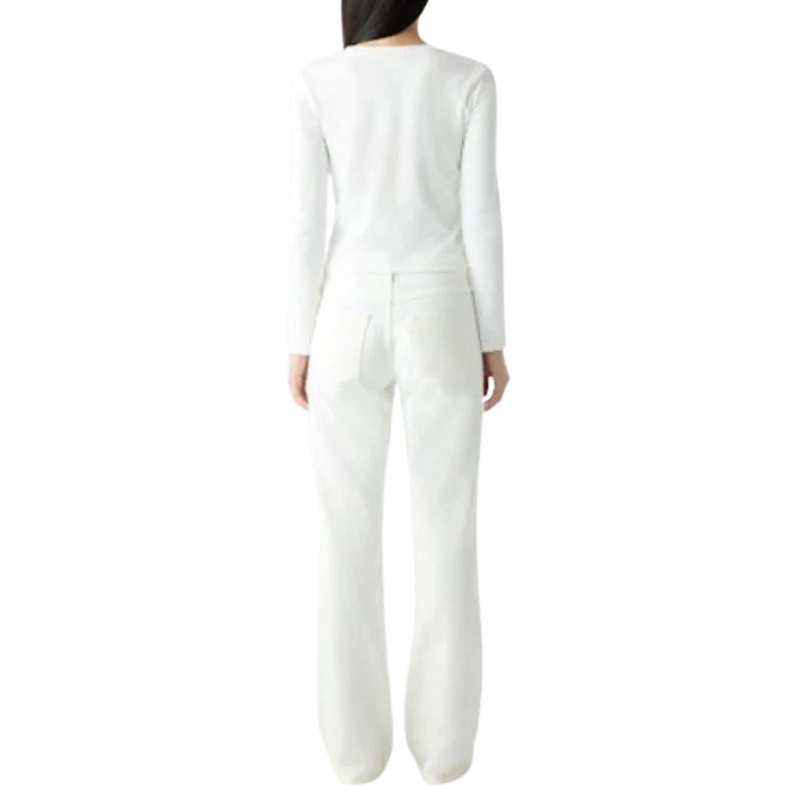 White jumpsuit worn by a person on a white background