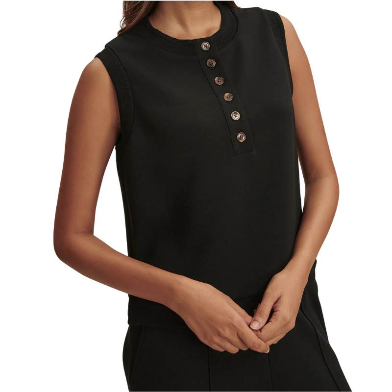 Black sleeveless top with button details on a white background