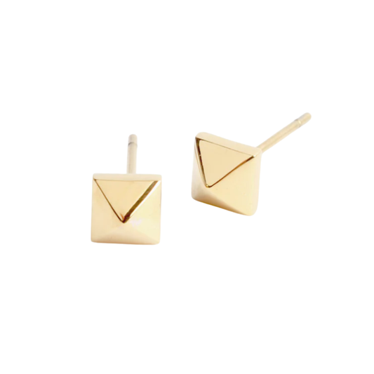 Gold square and triangle stud earrings on a white background