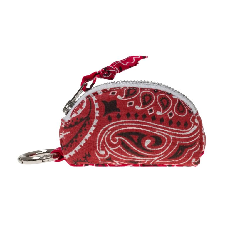 Red bandana-patterned coin purse with a keychain on a white background