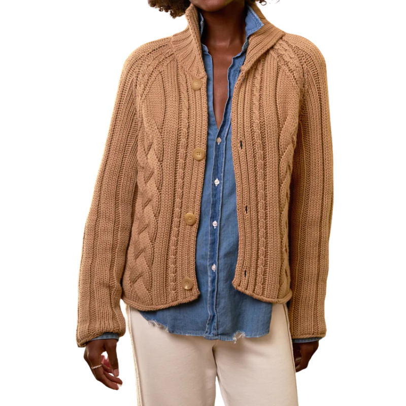Brown cable knit cardigan over a blue shirt on a white background