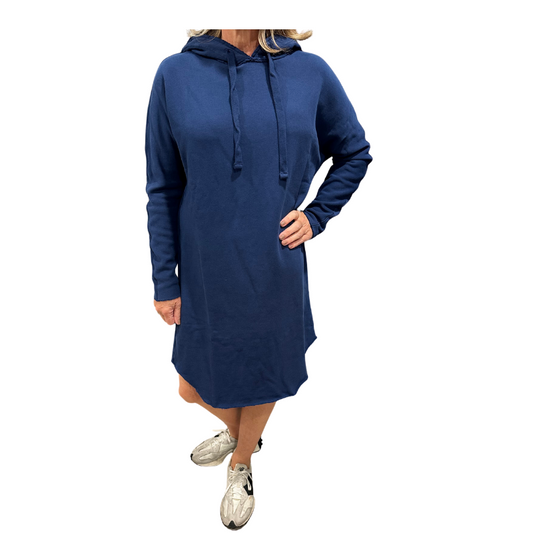Blue hoodie dress worn by a person on a white background