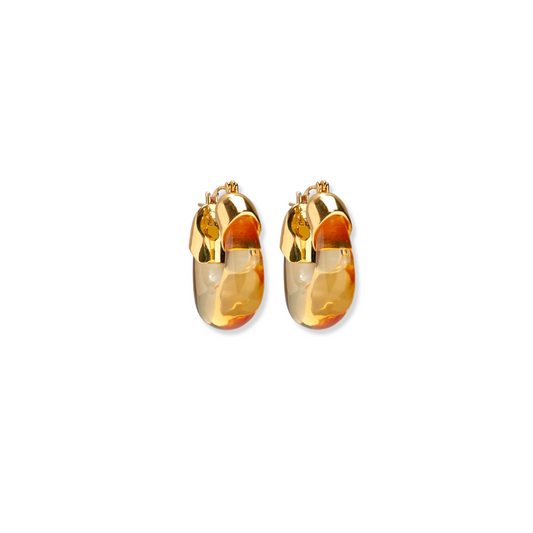 Pair of gold hoop earrings on a white background