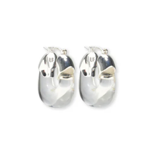 Pair of silver hoop earrings on a white background