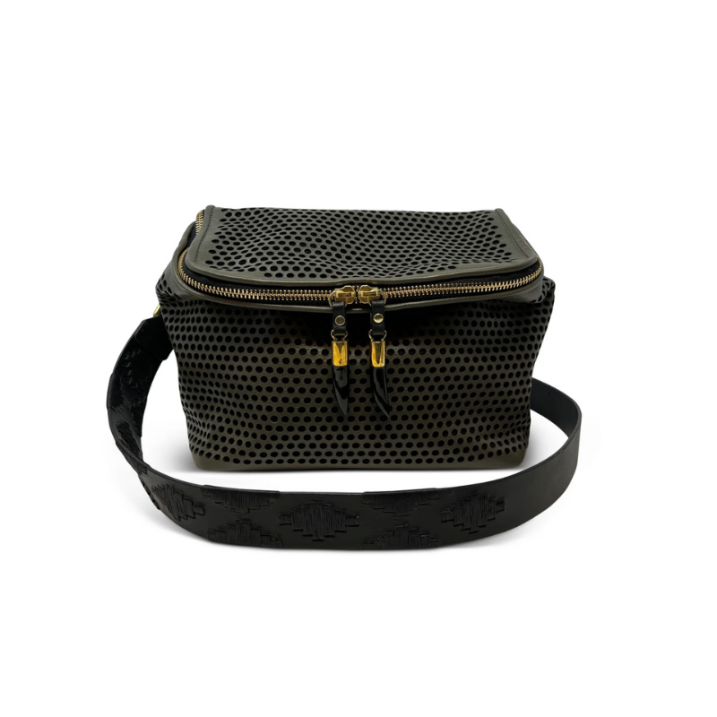 Black perforated handbag with gold zipper on a white background