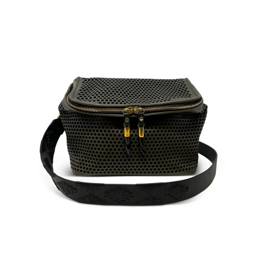 Black perforated handbag with gold zipper on a white background