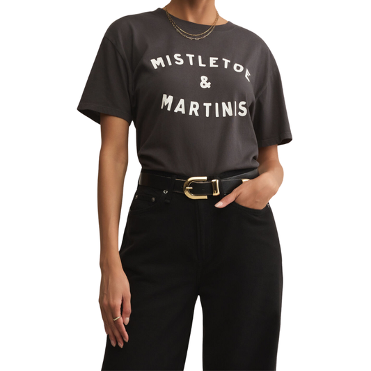 Person wearing a black t-shirt with 'MISTLETOE & MARTINIS' text on a white background