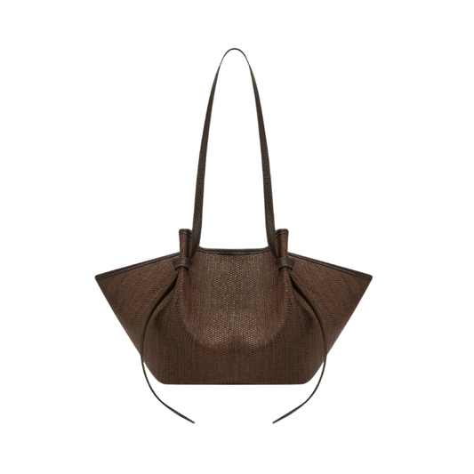 Brown handbag with a strap on a white background