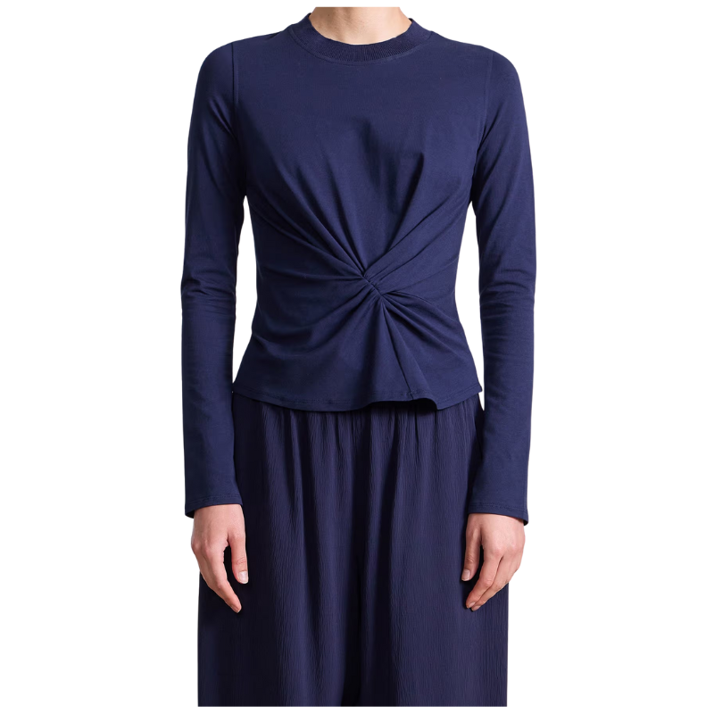 Navy blue long-sleeve top with a knot detail on a white background