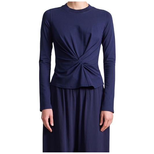 Navy blue long-sleeve top with a knot detail on a white background