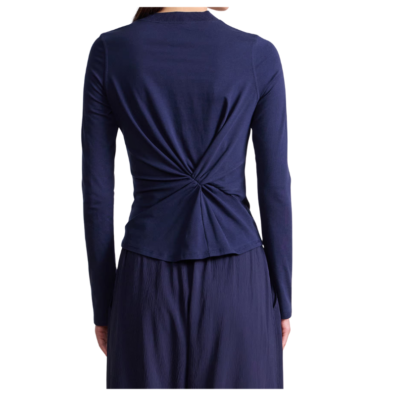 Navy blue long-sleeve top with a knot detail on a white background