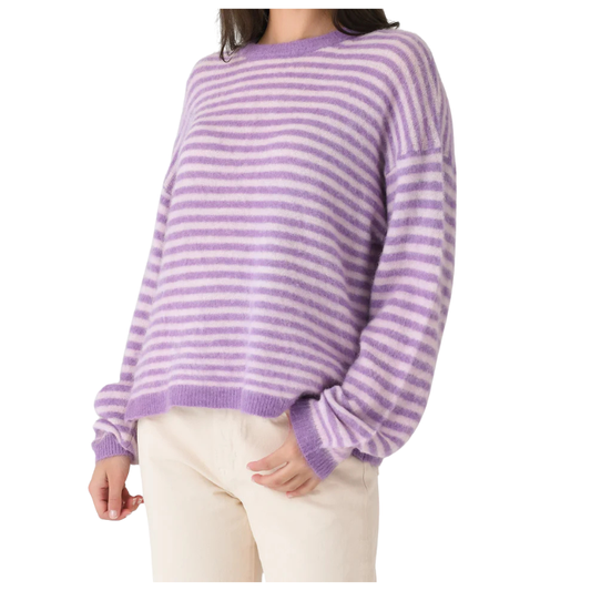 Person wearing a purple and white striped sweater on a white background