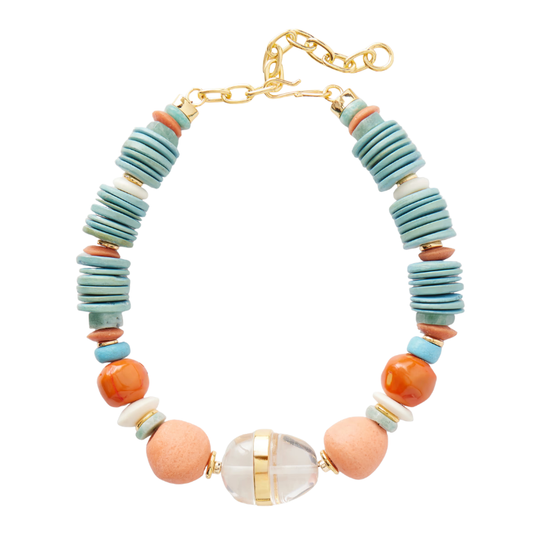 Necklace with colorful beads and gold chain on a white background