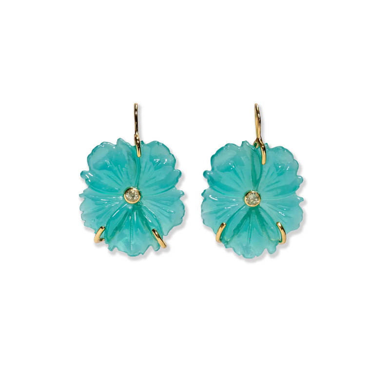 Turquoise flower-shaped earrings with gold accents on a white background
