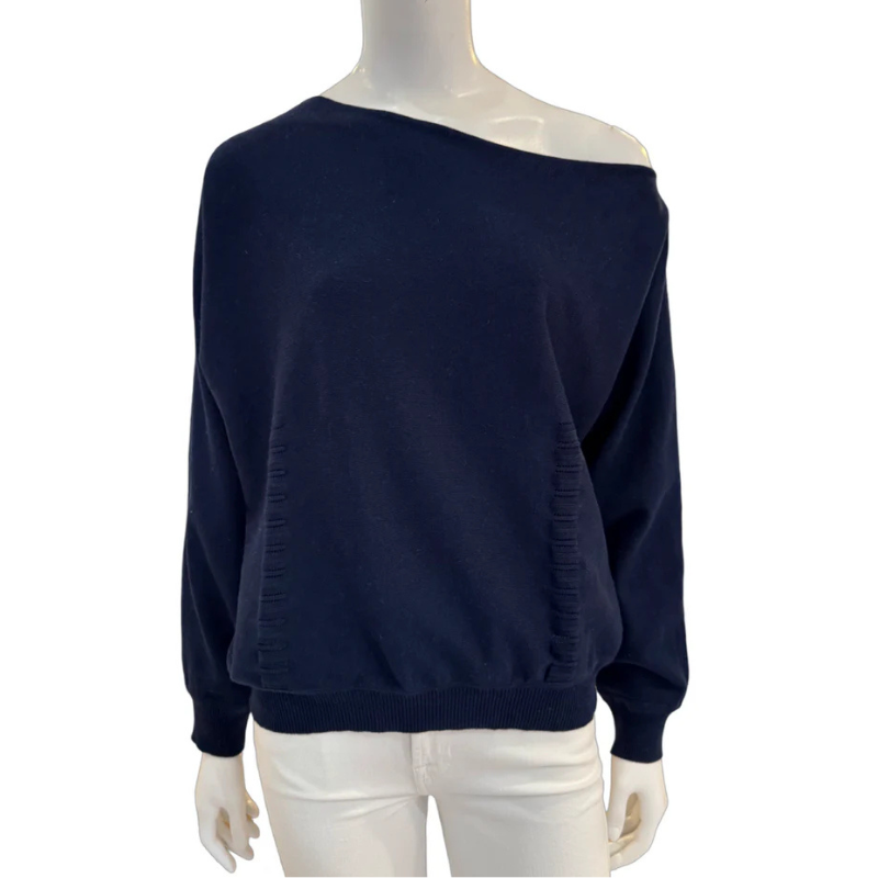 Navy blue off-shoulder sweater on a mannequin with a white background