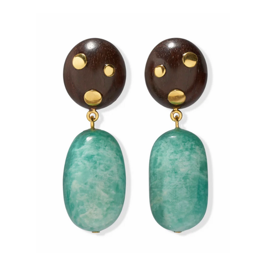 Pair of earrings with brown and gold tops and green stones on a white background