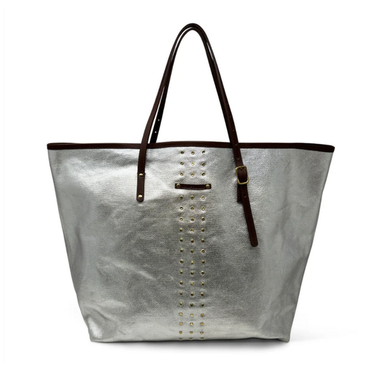 Silver tote bag with brown handles on a white background