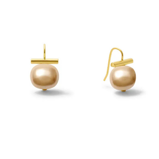 Pair of pearl earrings with gold posts on a white background