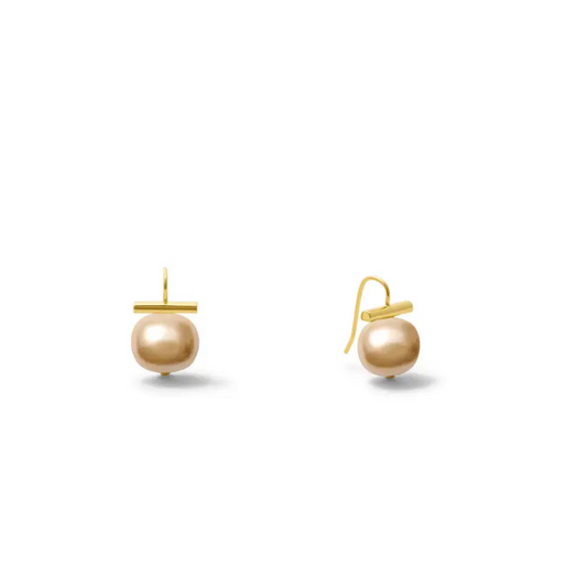 Gold earrings with spherical pearls on a white background