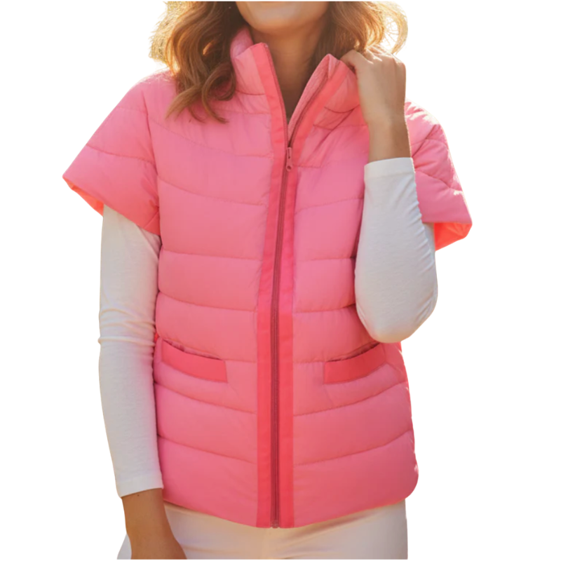 Pink puffer vest worn by a person on a white background