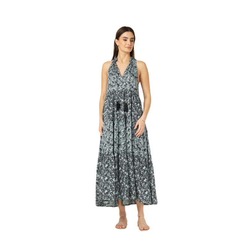 Woman wearing a floral dress on a white background