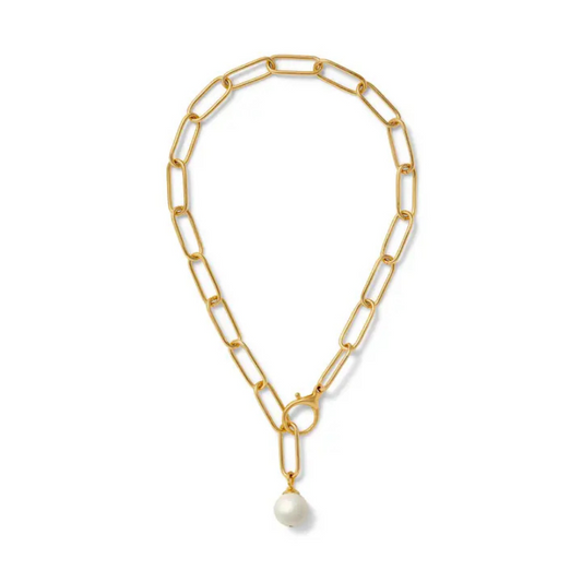 Gold chain necklace with a pearl pendant on a white background