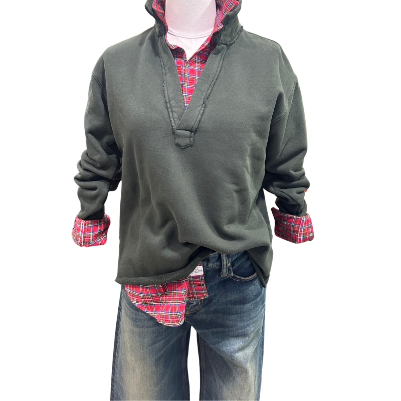 Green pullover with plaid shirt and jeans on a white background